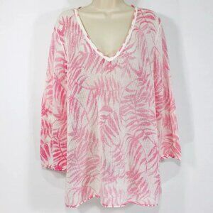 Tommy Bahama Womens Top Sz L Pink White Palm Leaves Cotton Knit Mesh V Neck